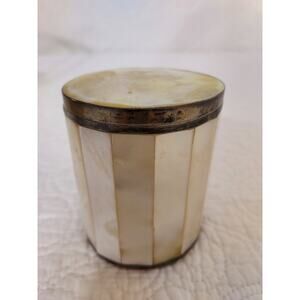 Trinket Box Cylindrical Mother of Pearl Nacre & Brass Purchased in England